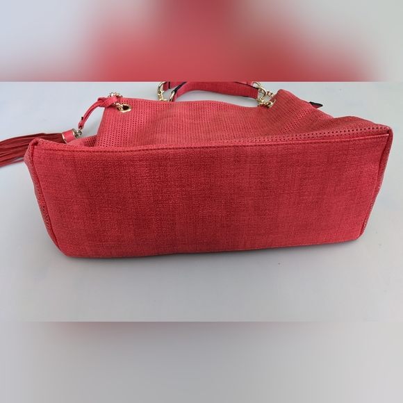 Indie3 Large Coral Red Shoulder Bag With Gold Hardware, Accent Tassel 10x15" - Picture 7 of 12